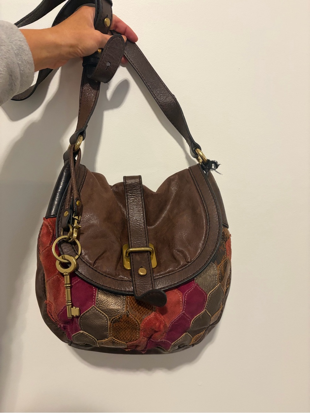 Vintage Fossil Leather Patchwork Hobo Bag